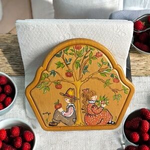 Vintage Wooden Napkin Holder Hand Painted Signed “Anna 89” County Couple Under